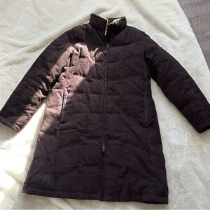 LL Bean Women M Zip Faux Suede Quilted Goose Down Parka Coat Brown Sherpa Collar